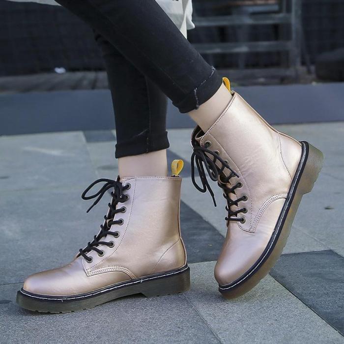 Simple Solid Color Lace-up Round Toe Boots