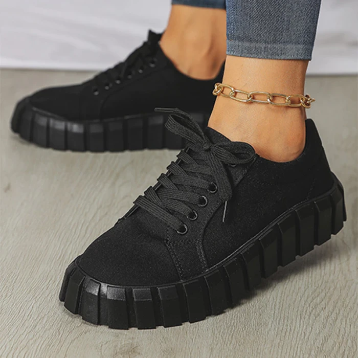 Woman's Vulcanized Shoes Sneakers Lace-Up Solid Casual Platform Canvas Flat Shoes Without Heels Female Flats Ladies Floor