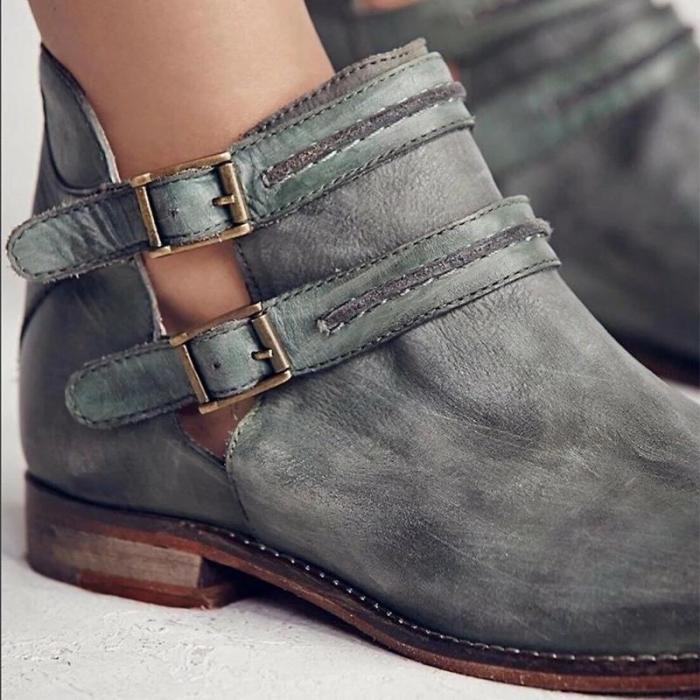 Large Size Buckle Low Heel Boots