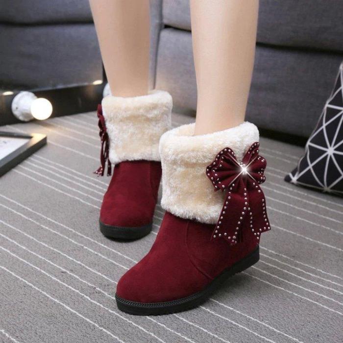 Warm Faux Fur Velvet Inside Wedge Bowknot Crystal Short Snow Boots