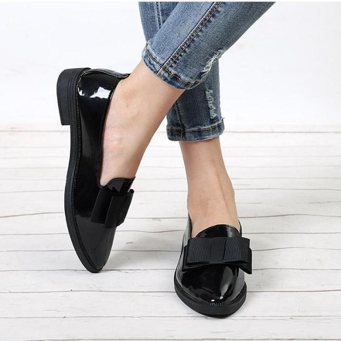 Women Bowtie Loafers Patent Leather Elegant Low Heels Slip On Flats Shoes