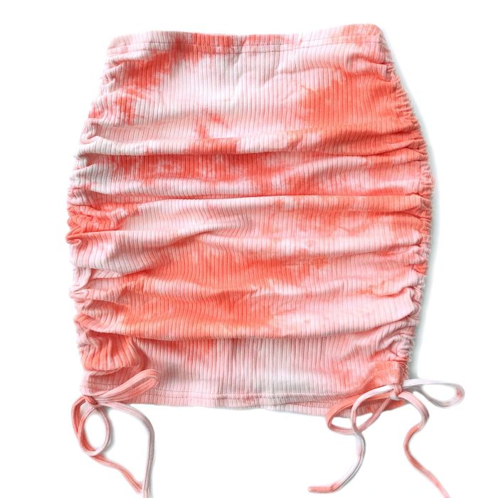 Women High-waisted Elastic Waist Skirt Kawaii Sexy Tie-dye Bag Hip With Ruffle Knit Pit Strip Side Drawstring Summer Mini Skirts
