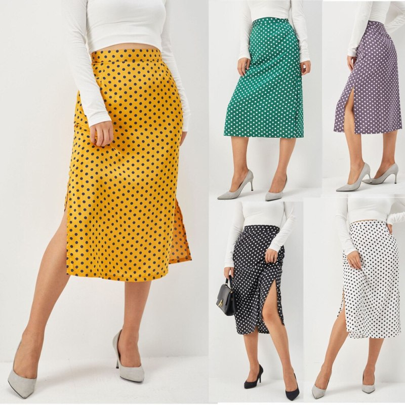 2021 Sexy Autumn Women Grosgrain Skirts Womens Harajuku Wrap Skirt Slim-fit Slit Satin Skirt High-waist Zipper Dot Skirt