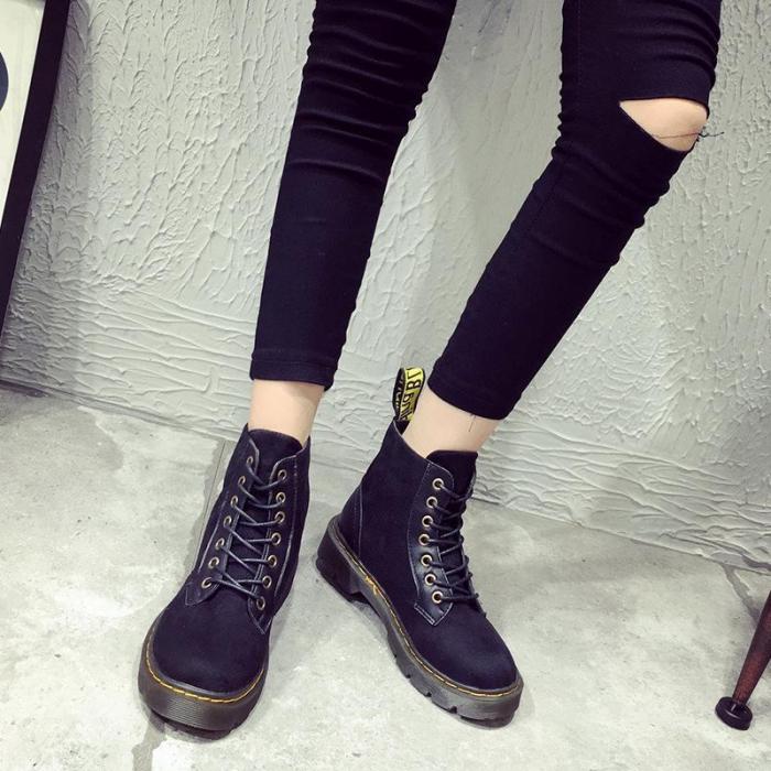 Patchwork Lace Up Round Toe Low Block Heel Ankle Martin Boots
