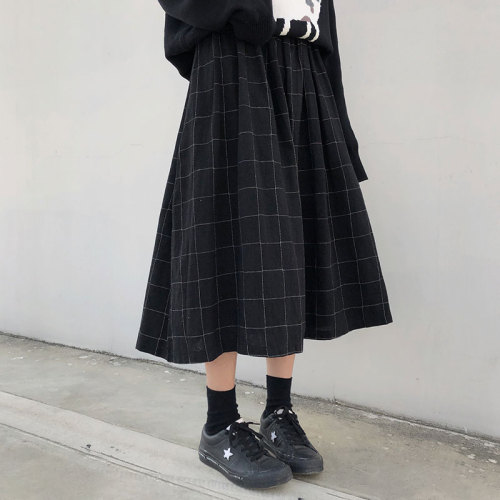 2 colors japanese style high elastic waist Long Skirts plaid A-line pleated Y2K Skirts