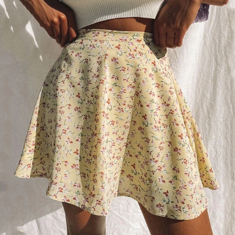 Summer new women's floral print skirt high waist umbrella mini skirt Female invisible zipper chiffon print short skirt women