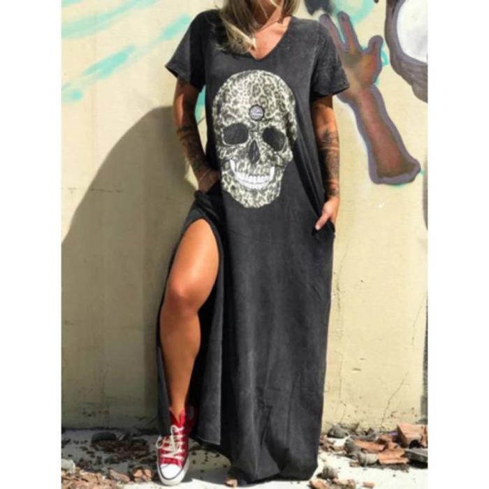 3XL Plus Size Summer Dresses Women Punk Style Loose Short Sleeve Skull Print Shirt Dress Street Side High Split Flower Print