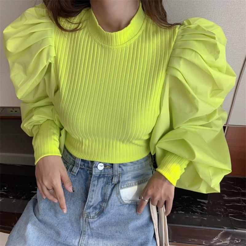women solid color pleats cascading ruffles patchwork knitted casual slim T-shirts women chic blusas femininas tops