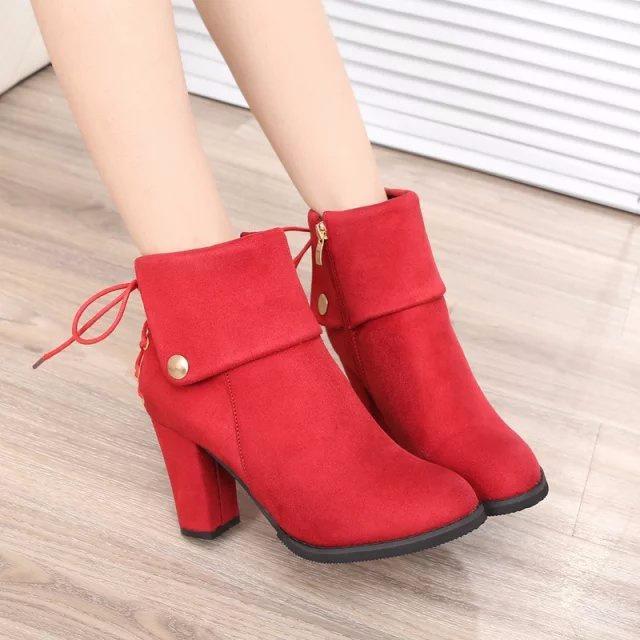 Back Lace Up Button Decoration Pointed Toe Middle Chunky Heel Short Boots