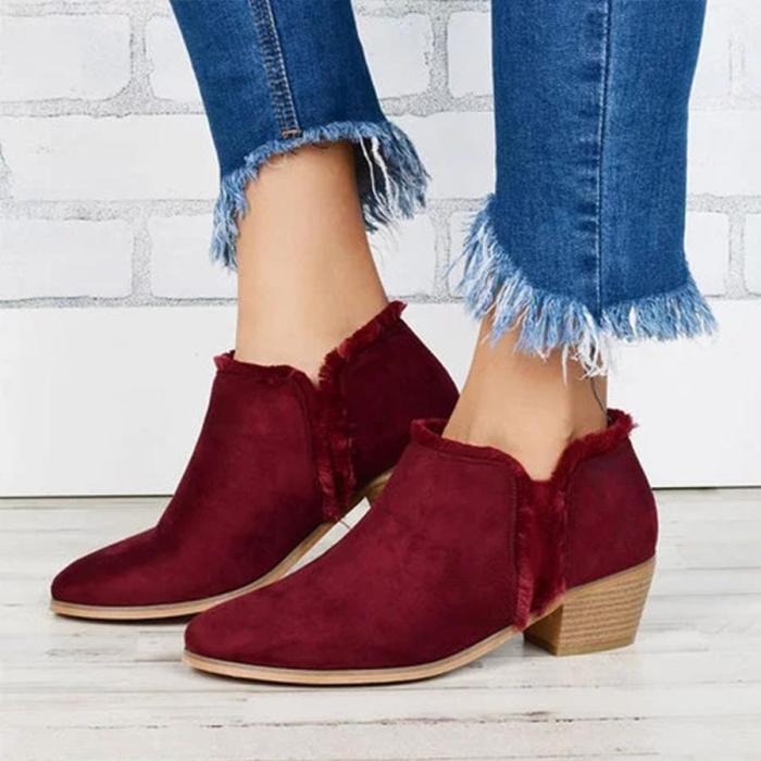 Chunky Low Heeled Velvet Round Toe Casual Outdoor Ankle Boots