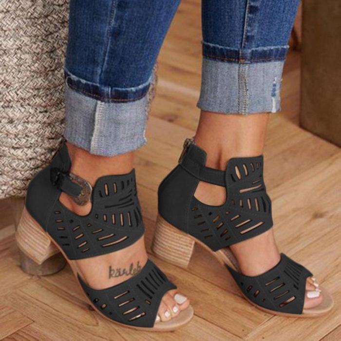 Women Artificial Leather Chunky Heel Adjustable Buckle Sandals