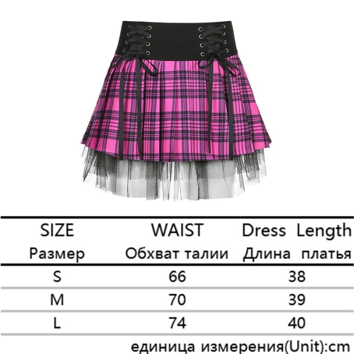 Y2K Woman Stripe Plaid Lace Trim Pleated Skirt