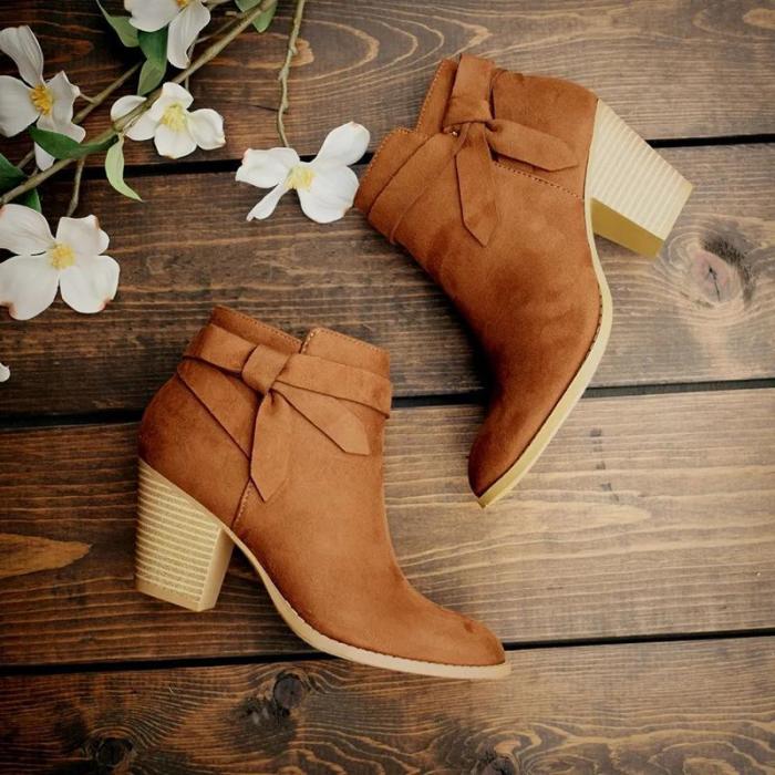 Brief Women Solid Color Thick Heel Bow Boots wq14