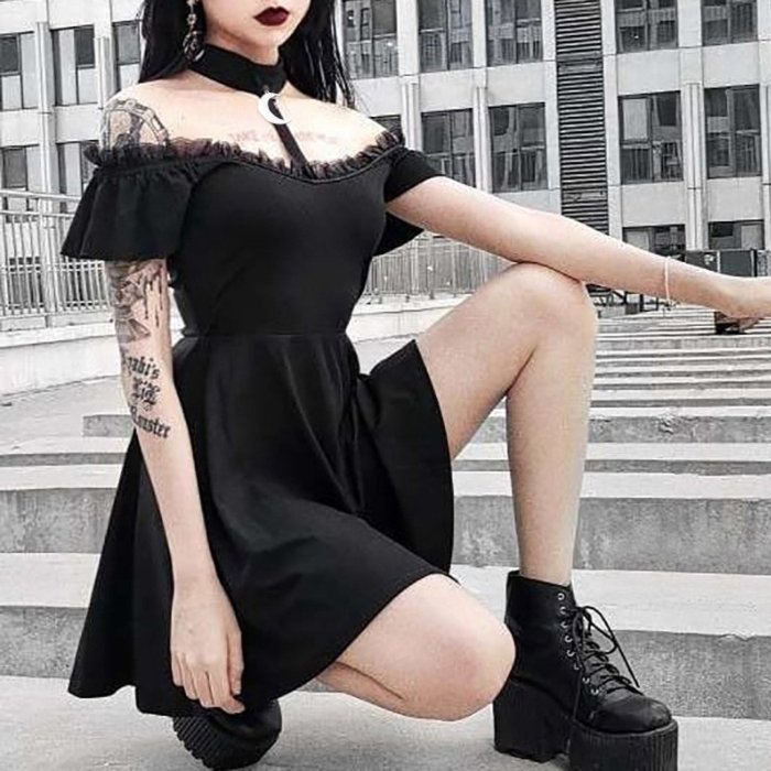 EBUYTIDE New Women's good-selling dress punk style dark black products Gothic style retro strapless lace sexy dress