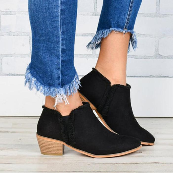 Chunky Low Heeled Velvet Round Toe Casual Outdoor Ankle Boots