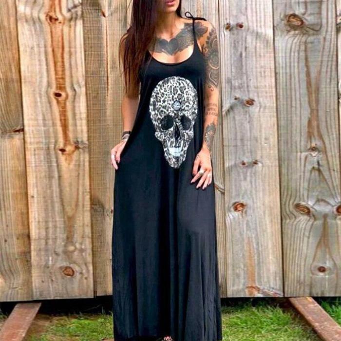 Summer Dress Women Skull Flower Print 2020 Punk Style Loose Sleeveless Long Dress Female Sexy High Slit Maxi Dress Vestidos New