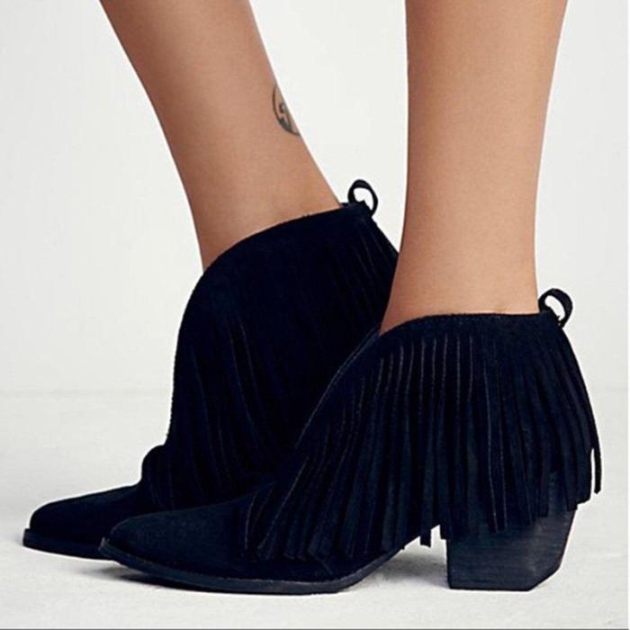 Fringes Suede Pointed Toe Chunky Heels Boots
