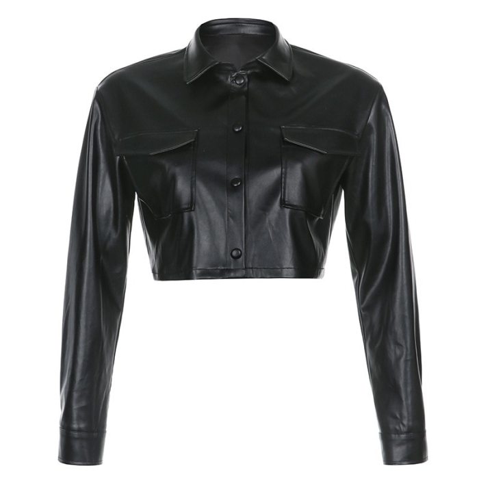Y2k Gothic Vintage 90s Outfits Women Black Basic Long Sleeve Leather Jacket 2021 Autumn Streetwear Black Women Cropped Jacket