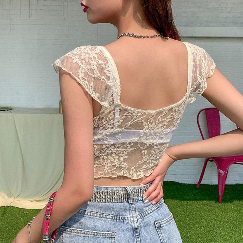 Transparent Mesh Tops See Through Floral Crop Tops