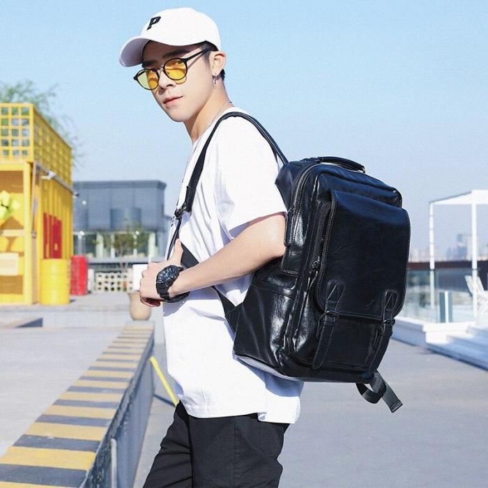 Brand High Quality Men Backpack Leather School Back Bag Waterproof USB Travel Bag Solid Large Teenager Bookbag Male