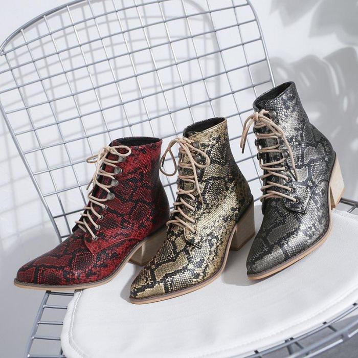 Lace-Up Ankle Pu Boots Chunky Heel Casual Shoes