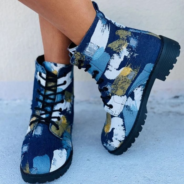 Women Boots Laces Platform Soles Tie-Dye Sports Colorful Punk Style Casual Low-Heeled Female Boots Fashion Comfortable New 2021