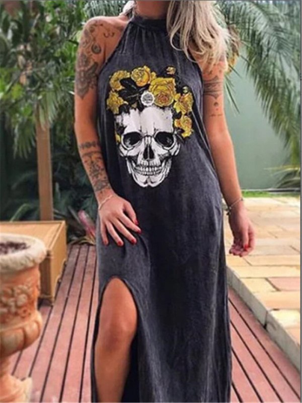 2020 Summer 3D Skull Print Floral Women Punk Long Dress Casual Streetwear Gothic Sleeveless Loose Maxi Dress Female Robe