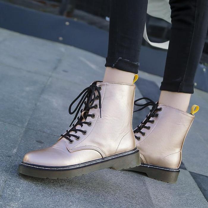 Simple Solid Color Lace-up Round Toe Boots