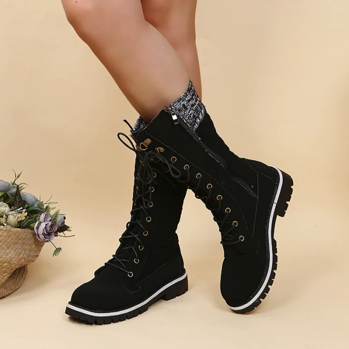 2021 Women Winter Buckle Lace Knitted Mid-calf Boots Low Heel Round Toe Boots Top Quality Winter Warm Boots Women Botas De Mujer