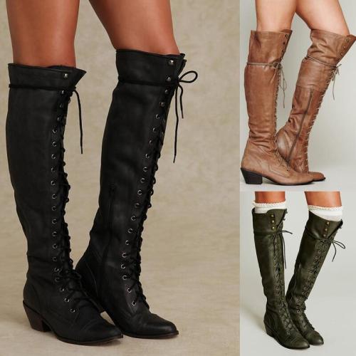 Lace Up Low Chunky Heel Over the Knee Boots