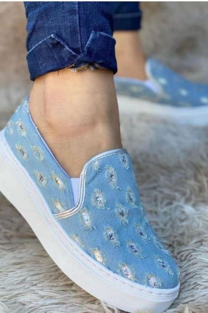 Shoes Plus Size Ladies Fashion Cowboy Hole Leisure Flat Slip On Round Toe Canvas Sneakers Outdoor Walking Casual Shoes