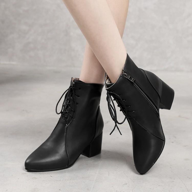 Pointed Toe Side Zipper Lace Up Solid Color Short Boots