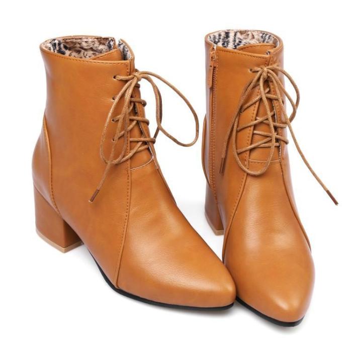 Pointed Toe Side Zipper Lace Up Solid Color Short Boots