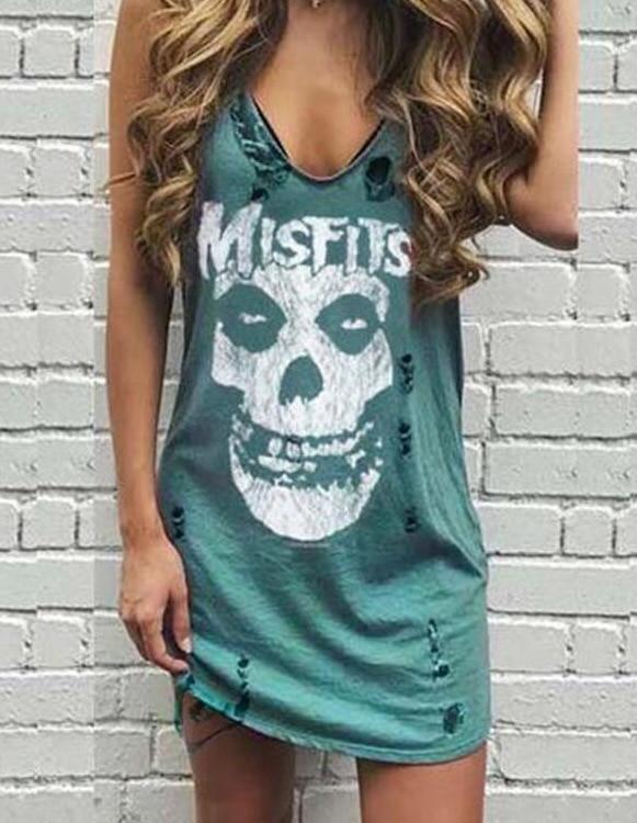 2020 Summer Skull Print Casual Women Dress Punk Sleeveless Hole High Street Female Mujer Femme Vestidos Plus Size 5XL