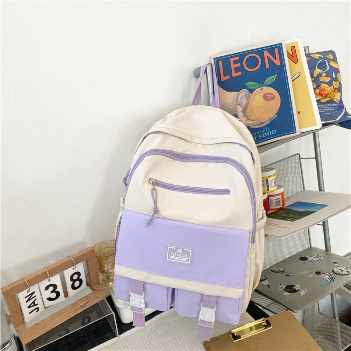New Contrast Color Waterproof Nylon Women Backpack Female Multi-pocket Big Schoolbag Teenage Girls Lovely Travel Bag