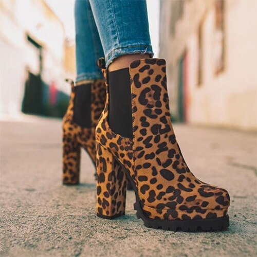2021 Women Flock Leopard Ankle Boots Female Spring Square High Heels Platform Shoes Ladies Solid Fashion Footwear Big Size