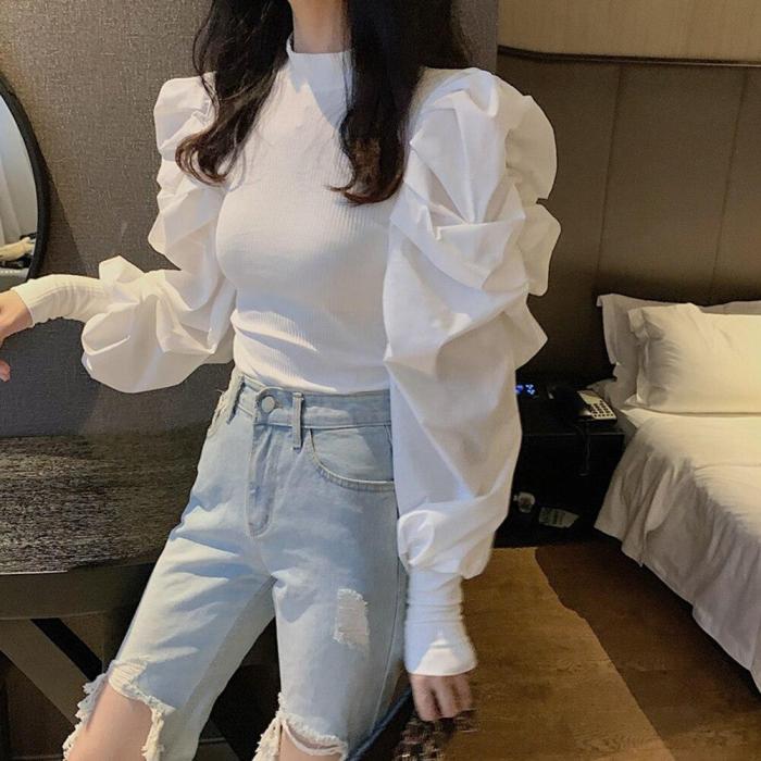 women solid color pleats cascading ruffles patchwork knitted casual slim T-shirts women chic blusas femininas tops