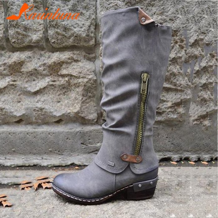 Big Size 36-43 Ladies 2020 Autumn Rivet Daily Boots Round Toe Chunky Heels Zip Women Boots Fashion Women Shoes