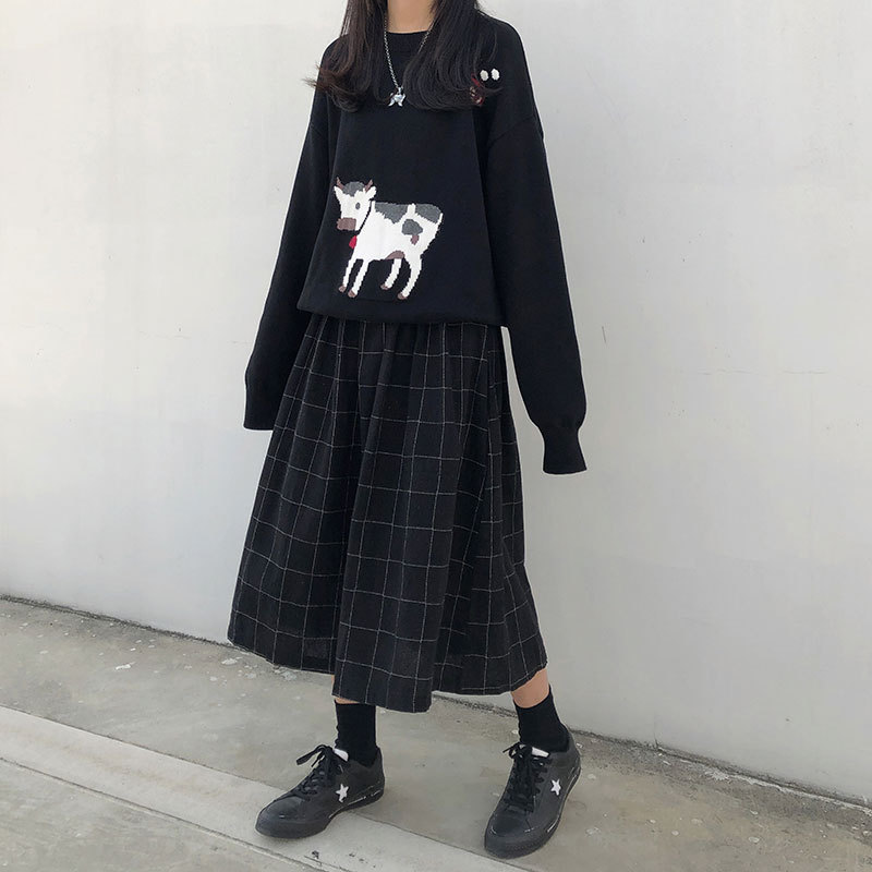 2 colors japanese style high elastic waist Long Skirts plaid A-line pleated Y2K Skirts