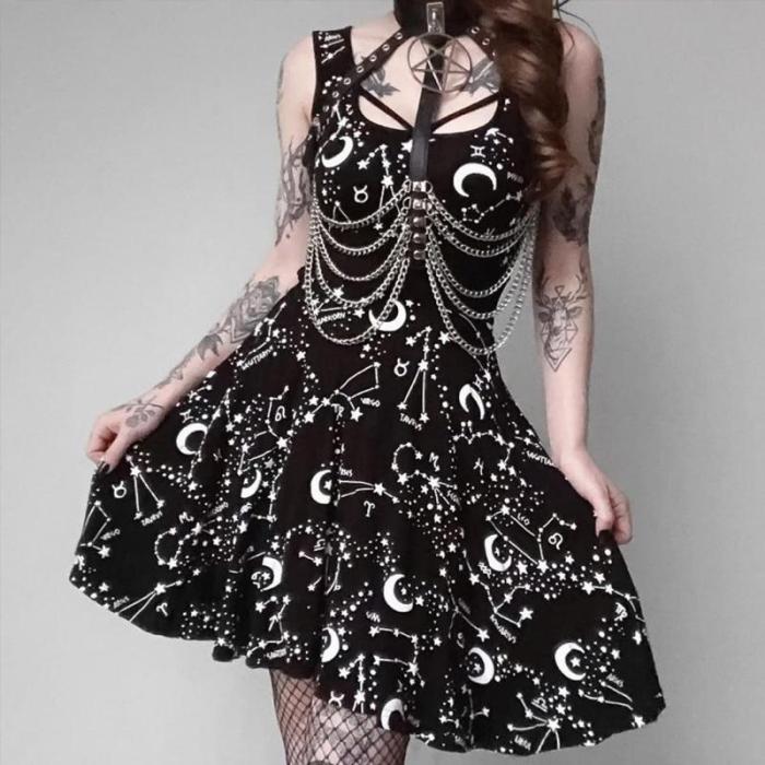 Sexy Sleeveless Black Gothic Dress Summer Bodycon Casual Thin Lady Dresses Moom Star Print Darkness Dress Gothic Punk Wind Dress