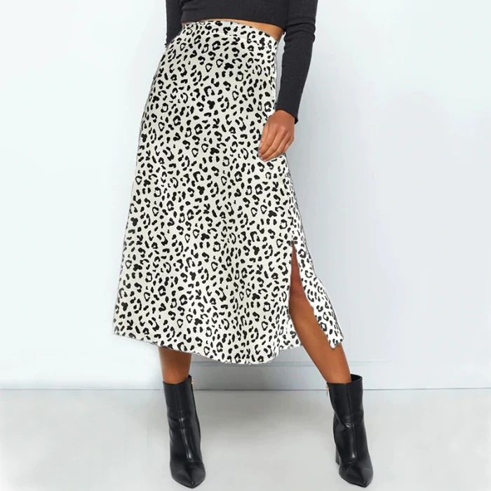 2021 New Sexy Leopard Print Chiffon Split Skirt Casual Fashion Long Skirts for Women Spring Summer Zip Elegant Female Skirt