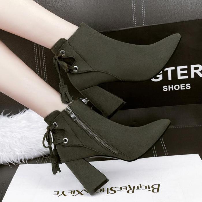 Pointed Toe Back Lace Up Tassels Middle Chunky Heels Short Boots