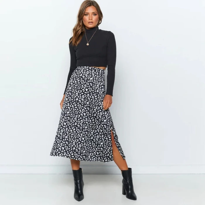 2021 New Sexy Leopard Print Chiffon Split Skirt Casual Fashion Long Skirts for Women Spring Summer Zip Elegant Female Skirt