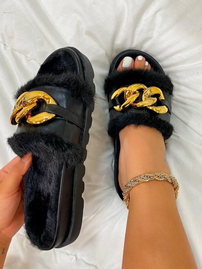 Summer Plush Slippers Fashion Open Toe Solid Color Women's Sandals Metal Chain Outdoor Casual Women's Shoes Plus Size