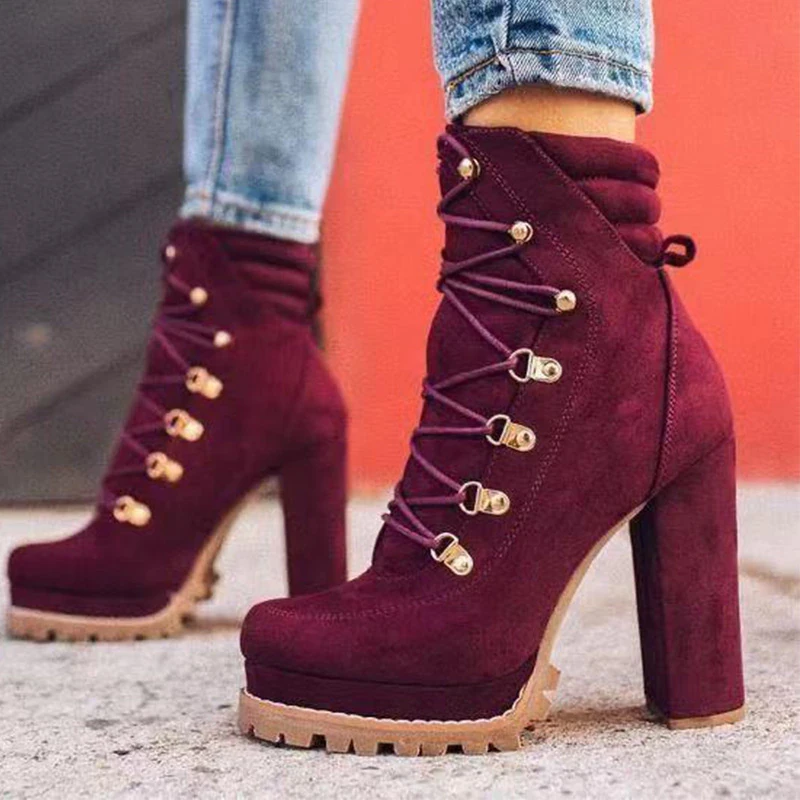 Women's Ankle Boots High Heels Platform Female Lace Up Women Shoes Buckle Woman Short Boot New Botas Femininas Plus Size