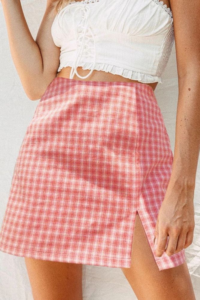 2021 Summer Women's Three Color Mini Plaid Slit Short Skirt Fashion All-Match High Waist Zipper Slim Skirt Freeshipping