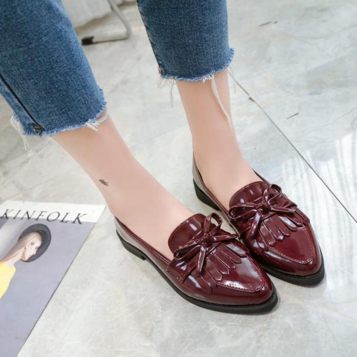Woman Casual Tassel Bow Pointed Toe Black Oxford Comfortable Slip on Flats