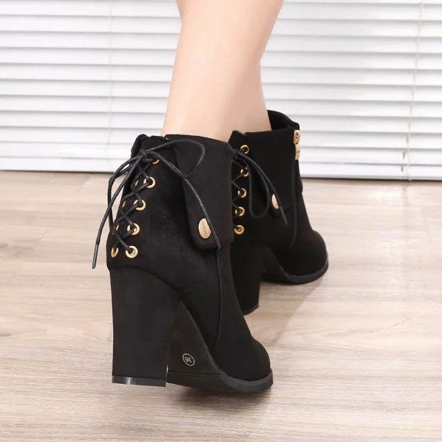 Back Lace Up Button Decoration Pointed Toe Middle Chunky Heel Short Boots