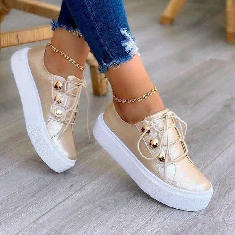2021 New Fashion Leather Lace Up Thick Soles Women Shoes Solid Lady All Match Comfortable Round Toe Sneakers Casual Sport Shoes