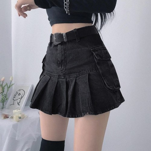 Y2K Black Jeans Pleated Skirts Big Pockets Denim Skirts Korean Cosplay Mini Skirts Women Harajuku Skirts Party Rave